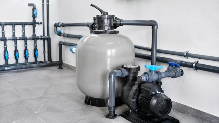 Sistema profesional de filtración de piscina con filtro, bomba y válvula selectora