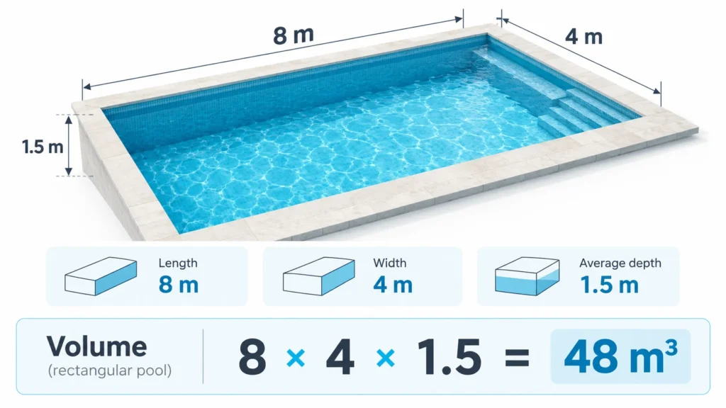 How to calculate the cubic metres of a swimming pool based on its length, width and depth
